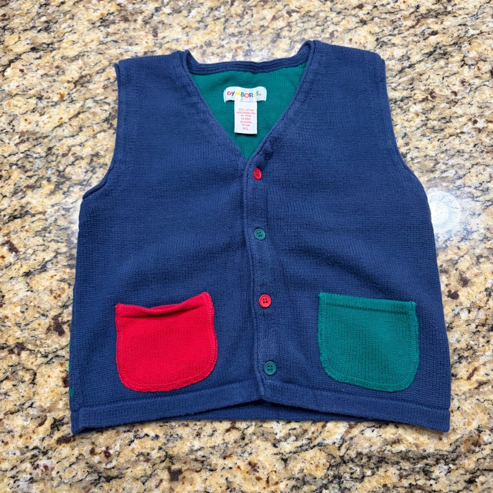Vintage Gymboree Kids Navy Blue Cotton Knit Button Front Sweater Vest M/L v